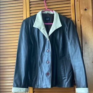 LLD brown and white combination Leather Jacket with Stand-Up Collar